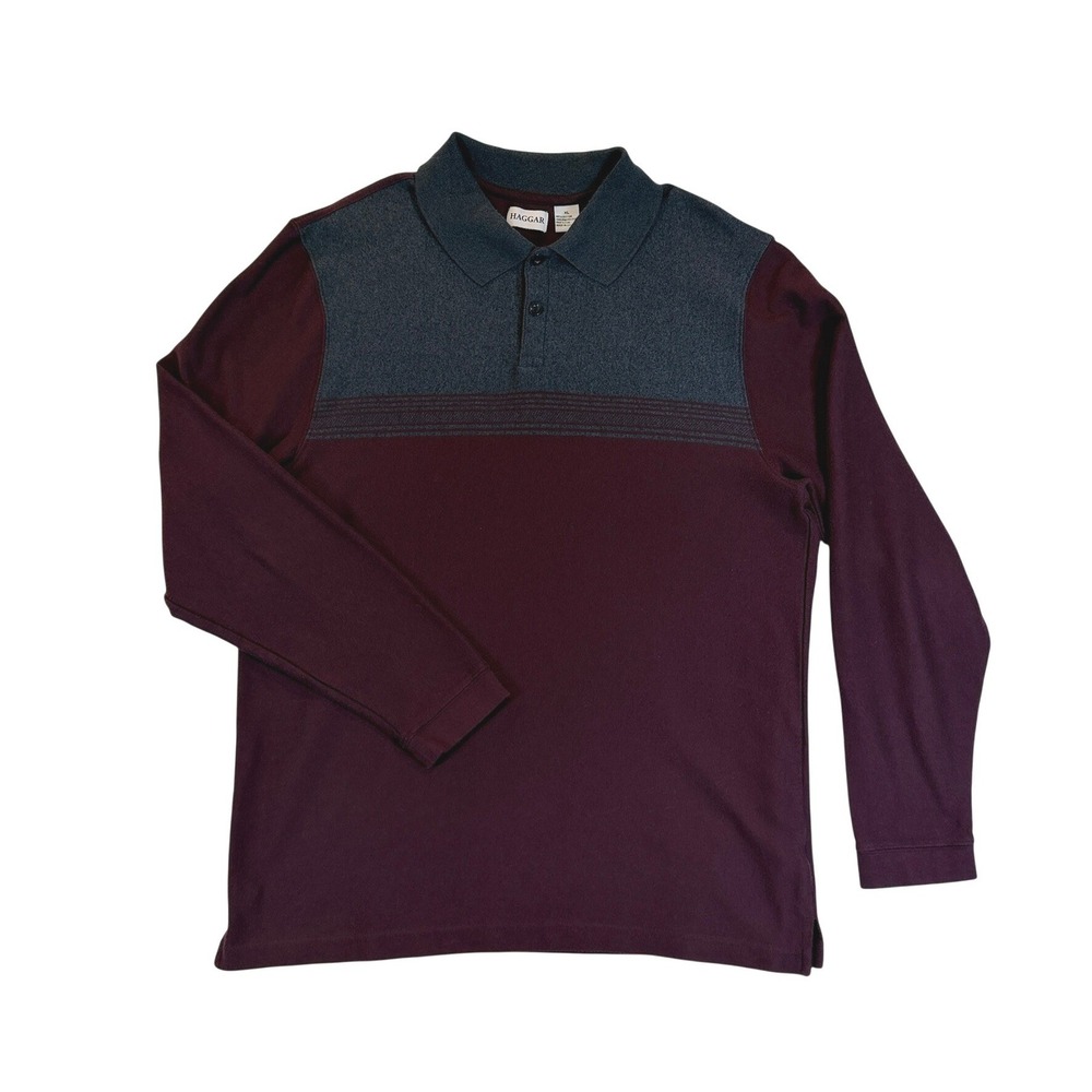 Haggar Polo Shirt Mens XL Burgundy Gray Long Sleeve Colorblock
